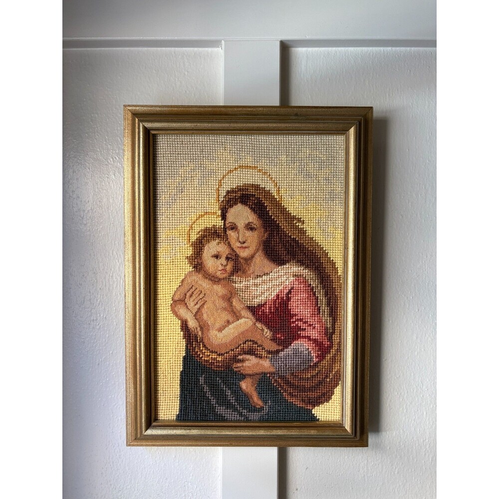 Vintage Gobelin Madonna Child Petit Point Needlepoint Religious Gold Frame 10x14